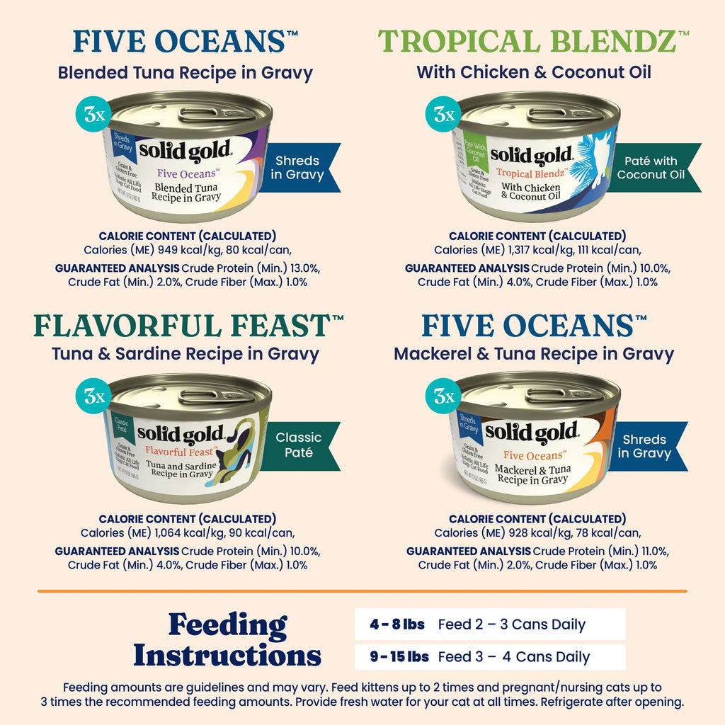 Solid Gold Feline Favorites Wet Food Variety 12 Pack for Cats Fish Assorted Flavors & Textures Complete Balanced Diet