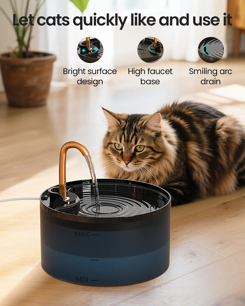 MISFANS Silent Cat Water Fountain 2.1L B13 Pet Water Fountain Ultra-Quiet Copper Spout Night Light 6-Layer Filter Soft Blue LED Automatic Gravity Feeder