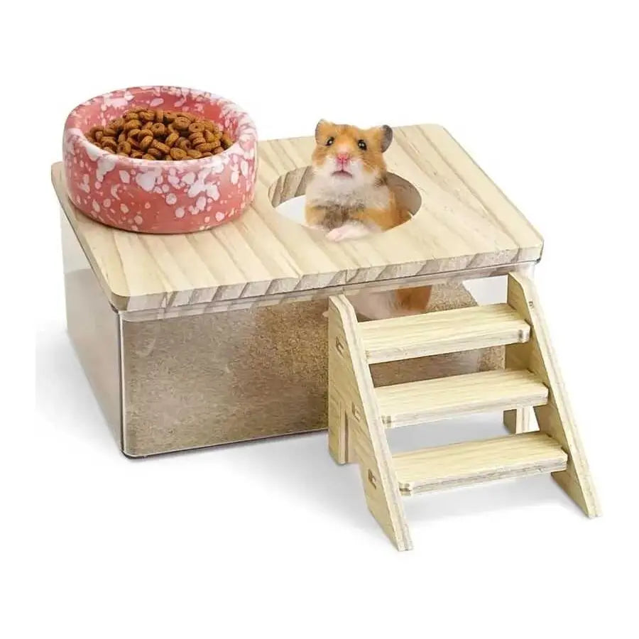 Transparent Acrylic Bath Sandbox or Ladder, Dual Purpose Large Small Pet Toilet Bowl, Beach Theme Design, Wooden Platform, Ideal for Goldfish Supplies, Hamster Cage Habitat, Hamster Cabinet Habitat