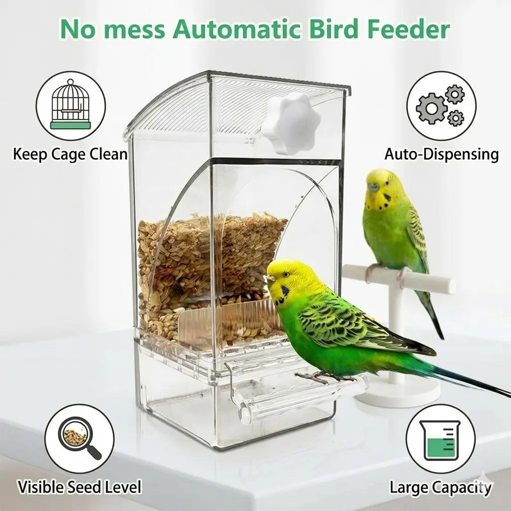No Mess Bird Feeder for Cage - Automatic Gravity Food Dispenser with Perch, Clear Acrylic Seed Storage for Parakeets, Cockatiels, Budgies & Finches (Waste-Free Design)