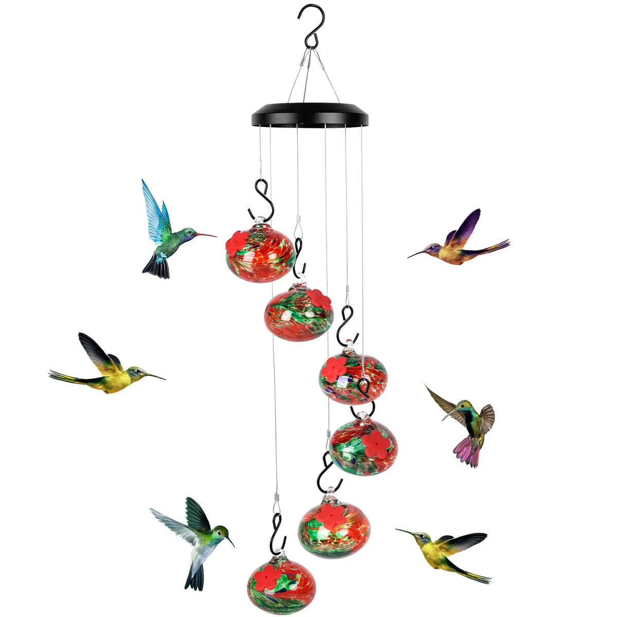 Jewel Tones Hand-Swirled Hummingbird Glass Bird Feeders Set with Perch - 6 Hand-Blown Feeders, 12 Silicone Flower Ports, Wind Chime Cascade Design, Outdoor Garden Decor, Gifts for Moms, Grandparents, Birthdays