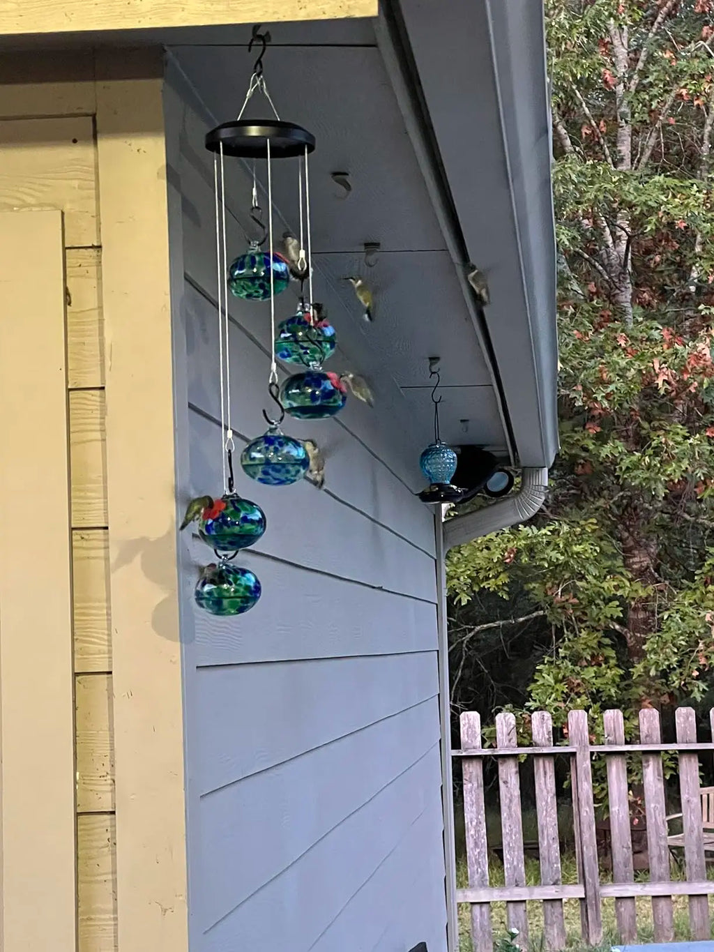 Jewel Tones Hand-Swirled Hummingbird Glass Bird Feeders Set with Perch - 6 Hand-Blown Feeders, 12 Silicone Flower Ports, Wind Chime Cascade Design, Outdoor Garden Decor, Gifts for Moms, Grandparents, Birthdays