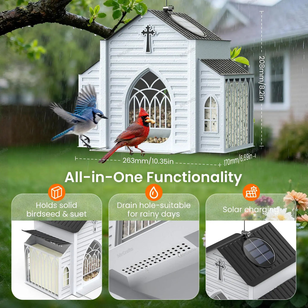 Mrcrafts Solar Powered Church-Shaped Metal Bird Feeder, 10.35''×6.69''×8.2'' Hanging Outdoor Feeding Tool, 4Lb Large Capacity, Bird Suet Design, Weatherproof Stain Resistant Garden Decor, Unique Christmas Gift