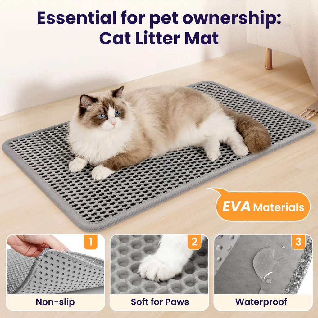 Honeycomb Cat Litter Trapping Mat with Pee Guard, 22X16 in Grey, 2-In-1 Versatility, Double-Layer Effortless Cleanup, Strong Anti-Slip Backing, Side-Opening Design, Leakproof Waterproof Pet Supply for Floor Protection & Sensitive Paws, Pad,Sohochic