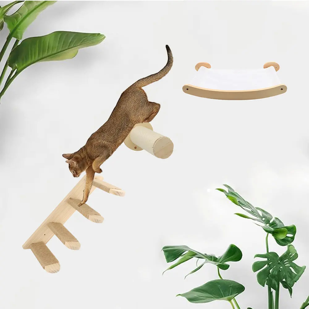 3-Piece Wall-Mounted Cat Climbing Set Cat Tree &Cat Hammock &Cat Ladder Cat Wall Mounted Furniture for Sleeping Playing Rest Kitten Home Natural Wood #Summersale
