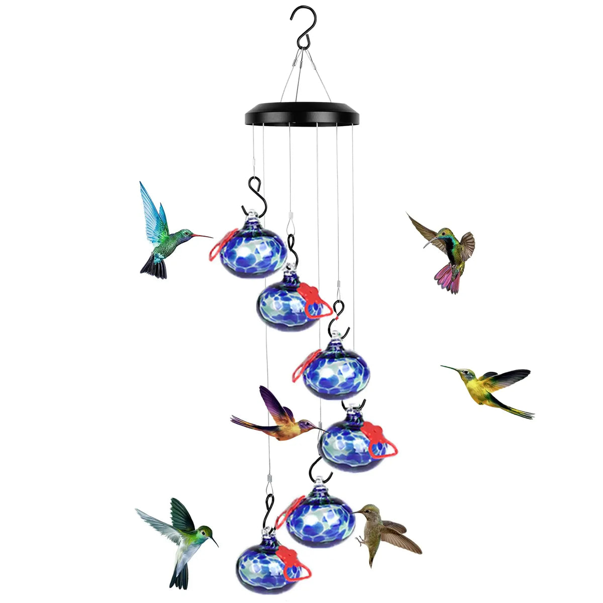 Jewel Tones Hand-Swirled Hummingbird Glass Bird Feeders Set with Perch - 6 Hand-Blown Feeders, 12 Silicone Flower Ports, Wind Chime Cascade Design, Outdoor Garden Decor, Gifts for Moms, Grandparents, Birthdays