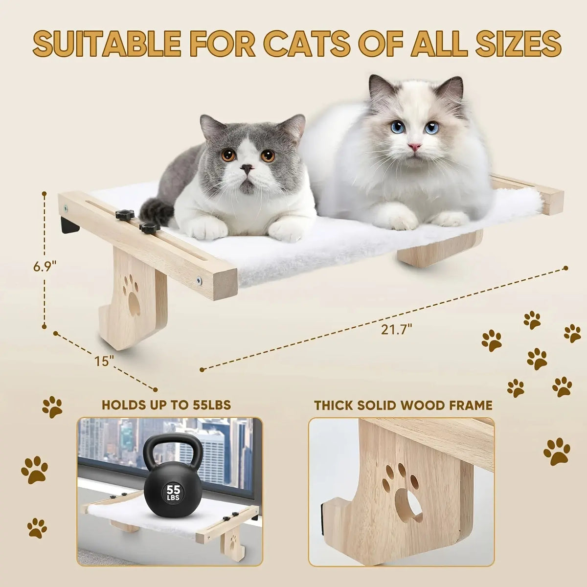 Petwhole Cat Window Sill Perch-Natural Wood & Metal Frame for Large Cats and Kittens, Adjustable Foldable Cat Window Bed with Large Load Capacity,Sturdy and Durable,Universal Fit for All Windowsills & Bedside,Easy to Adjust,Cat Sunbathing Rest Essential