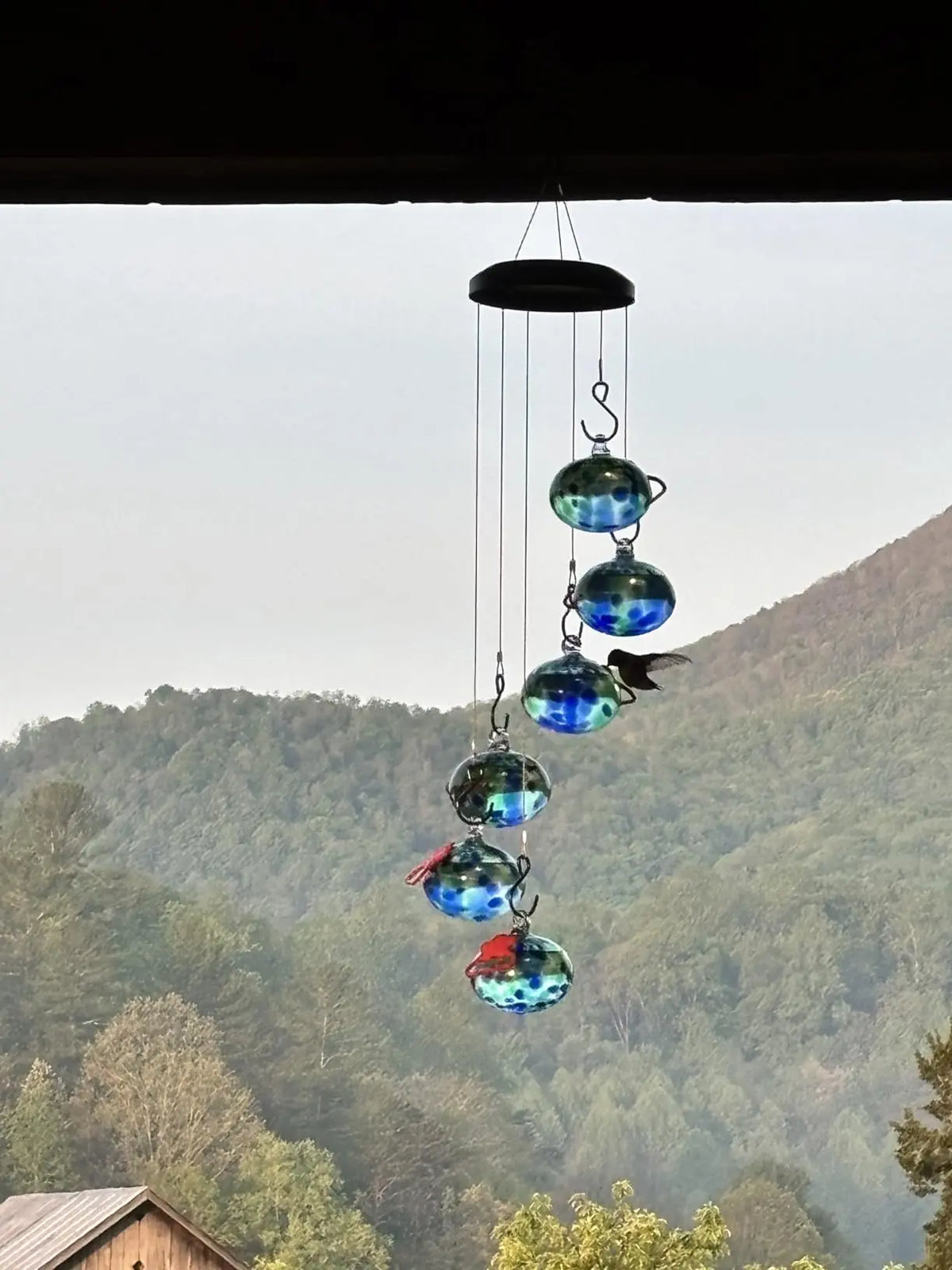 Jewel Tones Hand-Swirled Hummingbird Glass Bird Feeders Set with Perch - 6 Hand-Blown Feeders, 12 Silicone Flower Ports, Wind Chime Cascade Design, Outdoor Garden Decor, Gifts for Moms, Grandparents, Birthdays